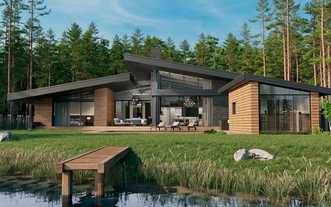 House in the woods on Behance Modern Mountain Home Exterior, Modern Wood House, Ormanlık Alan, Plan Chalet, Mountain Home Exterior, Ecological House, Pole Barn House Plans, A Frame House Plans, Modern Mountain Home