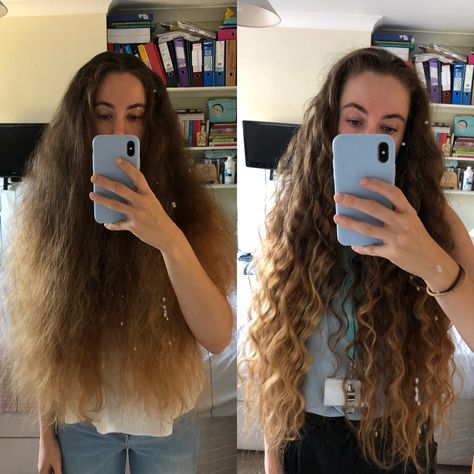 Left is hair when brushed and frizzy, right is hair day two after wash showing my wavy hair Wavy Hair, Frizzy Hair, Brushing, Wavy Frizzy Hair, Hair Dry, Aesthetic Eyes, Long Wavy Hair, Dry Hair, Hair Day