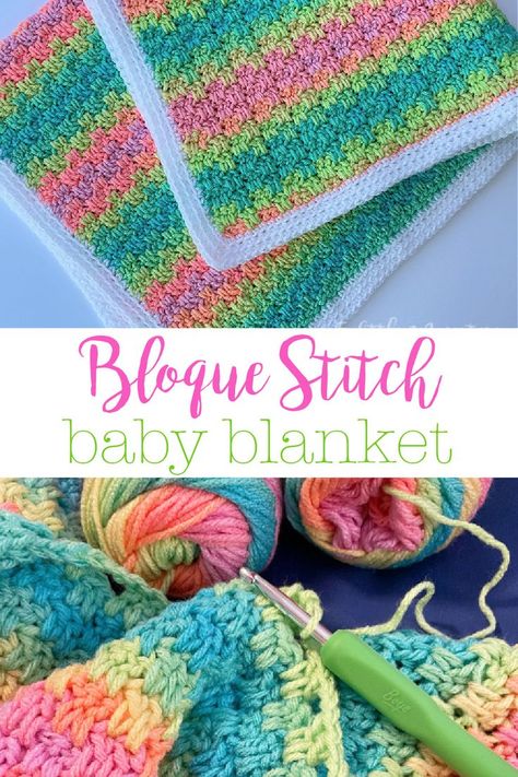 Bloque Stitch Baby Blanket Crochet Pattern. The bloque stitch is an interlocking stitch that creates a nice dense fabric for a nice snuggly blanket with no holes. Made with a self striping yarn like Red Heart Super Saver Stripes you get a nice color changing effect. Diy Baby Blanket Crochet, Crochet Zig Zag, Zig Zag Crochet, Diy Baby Blanket, Stitch Blanket, Blanket Crochet Pattern, Crochet Inspo, Baby Afghan Crochet, Super Saver