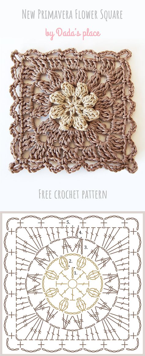 New Primavera Flower Granny Square FREE pattern and crochet chart on Dada's place blog. You can use this beautiful floral square to make various crochet projects like blankets, pillows, cushions, bed spreads, curtains, garments, bags, table runners, scarves, shawls...  #grannysquarefreepattern #primaveragrannysquare #crochetfreepattern #crochetpatternfree #flowergrannysquare Dahlia Granny Square Pattern, Crochet Flower Granny Square Diagram, Crochet As You Go Granny Square, Flower Granny Square Diagram, Crochet Floral Square, Crochet Flower Square Blanket, Crochet Flower Square Diagram, Granny Flower Crochet, Floral Granny Square Crochet Pattern