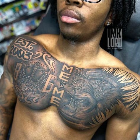 Basketball Chest Tattoo Men, Male Chest Piece Tattoo, Black Male Chest Tattoos, Tattos With Meaning For Boys, Gorilla Chest Tattoo Men, Me Vs Me Tattoo Men, Mens Black Tattoos, Back Tattoo Black Man, Right Shoulder Tattoo Men