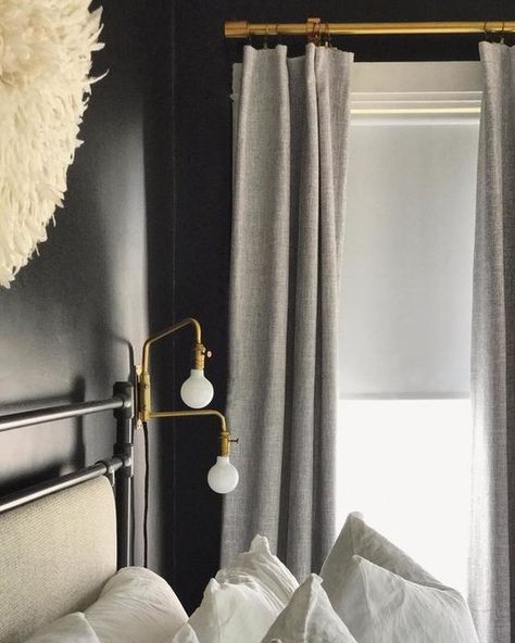 Black Curtain Rod With Gold Rings, Gray Wall Curtains Ideas, Grey Drapes Bedroom, Black Wall Curtains, Black Walls With Curtains, Gold Rod Curtains, Curtains On Black Wall, Curtains With Black Walls, Black Wall With Curtains