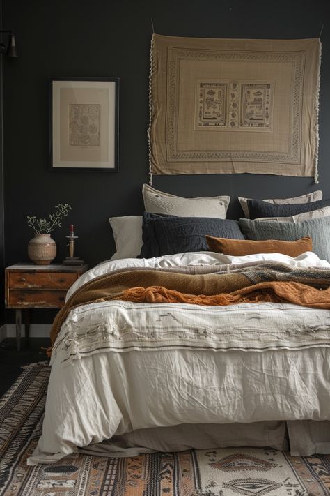 70+ Cozy Earthy Bedroom Ideas With Natural Elegance Oxford Blue Bedroom, Decorating With Rust Colors, Cozy Romantic Bedroom Ideas, Black Rustic Bedroom, Blue Bedroom Inspirations, Bedroom With Blue Walls, Earthy Bedroom Decor, Soothing Bedroom Colors, Cozy Earthy Bedroom