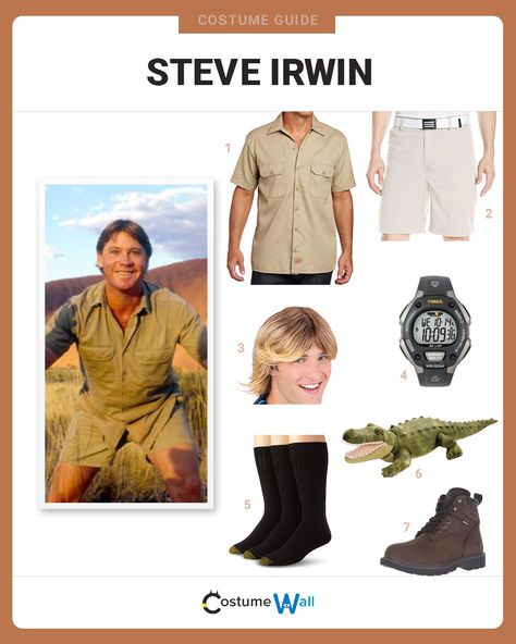 The best costume guide for dressing up like Steve Irwin. Cosplay the late, great Australian wildlife warrior known as The Crocodile Hunter. Irwin Family Halloween Costume, Crocodile Hunter Family Costume, Aussie Dress Up Costume, Australian Icons Costume, Steve Irwin Halloween Costume, Australian Halloween Costumes, Australian Costume Ideas, Crocodile Hunter Couple Costume, Costumes That Start With S