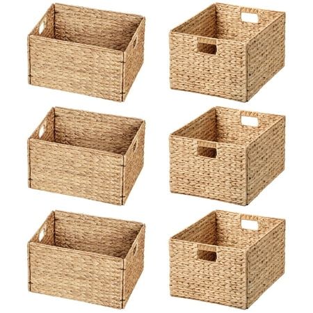 eHemco Extra Large Rectangular Water Hyacinth Wicker Storage Baskets with Iron Wire Frame, 16.1inchx12.6inchx9.5", Natural, Set of 6. Keep clutter under control with this wicker basket bin! Founded on an iron wire frame, this basket strikes a rectangular silhouette wrapped in tightly-woven water hyacinth reeds in a light, natural finish. Its open top accommodates everything from tossed in toys to folded blankets, while its cutout handles make transport a breeze. This basket can be stowed in a cu Console Table Bins, Baskets For Mudroom Cubbies, Organization Bins, Storage Baskets For Shelves, Mudroom Cubbies, Wicker Storage Baskets, Under Shelf Basket, Basket Bin, Kitchen Basket Storage