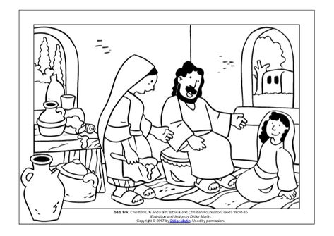 Jesus has lunch with Mary and Martha Mary Coloring Page, Mary And Martha Bible, Martha And Mary, Prek Crafts, Jesus Coloring Pages, Faith Crafts, Kids Sunday School Lessons, Sunday School Coloring Pages, Preschool Bible Lessons