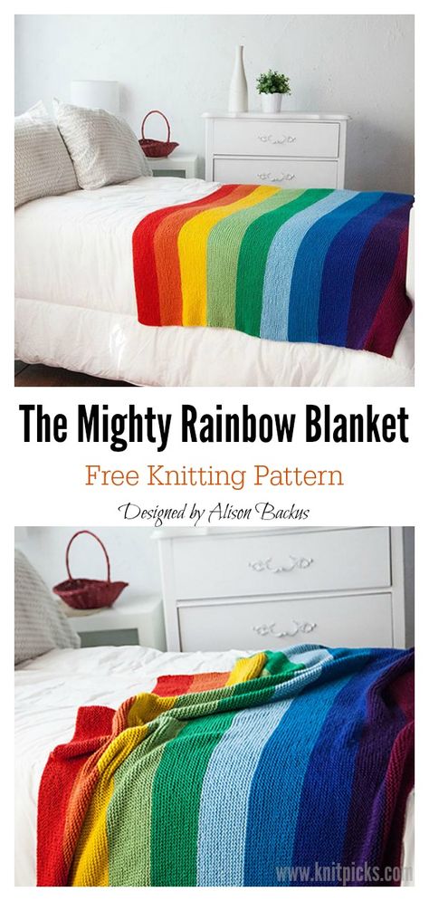 The Mighty Rainbow Blanket Free Knitting Pattern #startknittingfreepattern #easyknittingpatterns #knittingpatternsbeginner #knittingblanket Knit Rainbow Blanket, Rainbow Blanket Knit, Loom Knitted Blanket, Knitted Rainbow Blanket, Rainbow Blanket Knitting Pattern, Rainbow Chunky Knit Blanket, Rainbow Knitted Blanket, Rainbow Knitting Pattern Free, Knitted Blanket Ideas