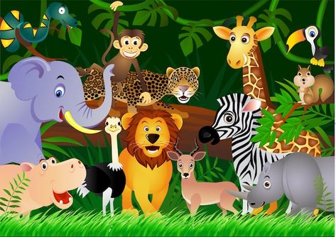 Cartoon safari animals with forest backg... | Premium Vector #Freepik #vector #wild-animals #jungle-animals #chimpanzee #cartoon-animals Cartoon Jungle Animals, Fish Videos, Jungle Cartoon, Jungle King, Collage Mural, Jungle Wall, Photo Mural, Jungle Wallpaper, Cartoon Background