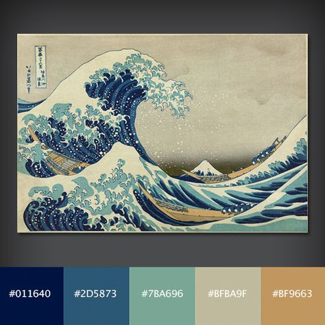 Colour Palette.    The Great Wave off Kanagawa.     a woodblock print, produced somewhere between 1830 and 1833 by the Japanese artist Hokusai.  The shape and colour of the waves is mirrored by the mountain in the background. The Great Wave Off Kanagawa, Japanese Colors, Japanese Waves, The Great Wave, Great Wave Off Kanagawa, Famous Paintings, Color Palette Design, Arte Inspo, Colour Pallette