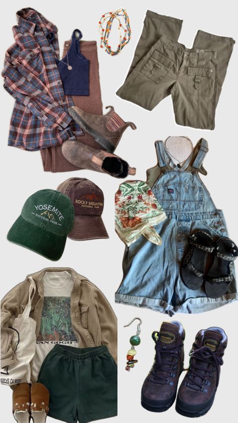 Granola girl aesthetic outfits, national park hats, hiking boots, beaded jewelry, overalls, bandanas, shorts, hiking pants, Tevas sandals Granola Girl Outfit Summer, Granola Style Outfits, Granola Girl Aesthetic Outfits, Outdoorsy Outfits, Granola Girl Outfit, Granola Girl Outfits, Girl Aesthetic Outfits, Granola Outfits, Outdoorsy Girl