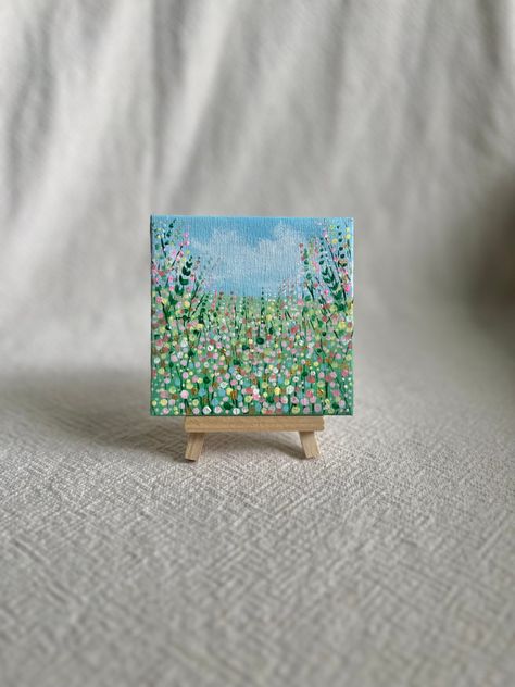 Original miniature painting on canvas. Mini acrylic painting with easel. Acrylic miniature painting on small canvas. Original mini nature art is hand painted. This tiny art is inspired by the beauty of nature and everyday life. It measures: 4 x 4 inches. This tiny painting would look great on windowsill, working desk, shelf, chest of drawers, to give as a gift or keep for yourself. Nature, Tiny Landscape Painting, Tiny Canvas Painting, Painting On Small Canvas, Tiny Landscape, Working Desk, Mini Easel, Tiny Art, Acrylic Painting Flowers