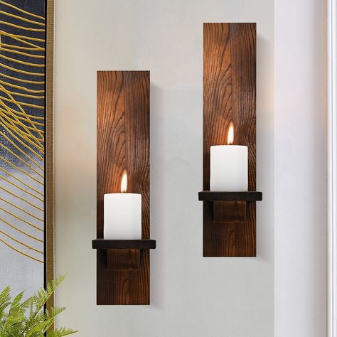 Candle Sconces Living Room, Wall Candle Sconces, Wall Mounted Candle Holders, Candle Shelf, Sconces Living Room, Wall Candle, Farmhouse Candles, Wooden Candle Holder, Decorative Wall Sconces