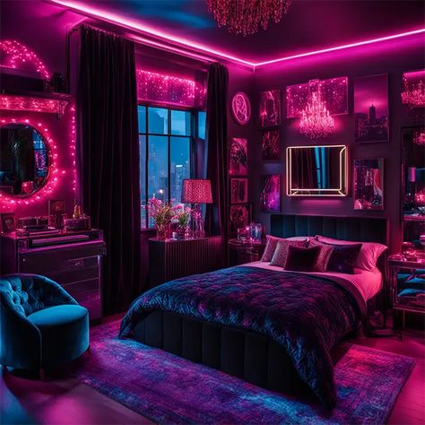 Neon Bedroom Aesthetic, Purple And Blue Room, Baddie Living Room, Bedroom Inspirations Dark, Neon Room Aesthetic, Baddie Living Room Ideas, Baddie Room Ideas, Bedroom Ideas Baddie, Neon Rope Light