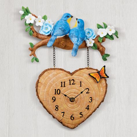 Blue Love Birds Wood Heart-Shaped Analog Wall Clock | Collections Etc. Clay Wall Clock Handmade, Diy Clock Wall Creative, Mermaid Outline, فن الرسم بالمسامير, Wood Clock Design, Handmade Wall Clock, Bright Butterfly, Mural Art Design, Birds Sitting