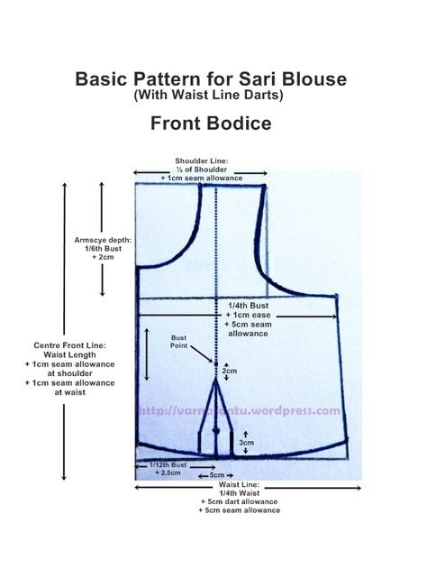 Basic Pattern for Sari Blouse With Waist Line Darts - Front Bodice Couture, Basic Blouse Pattern, Princess Cut Blouse, Sewing Blouses, Basic Pattern, Waist Line, Princess Line, Bodice Pattern, Basic Blouses