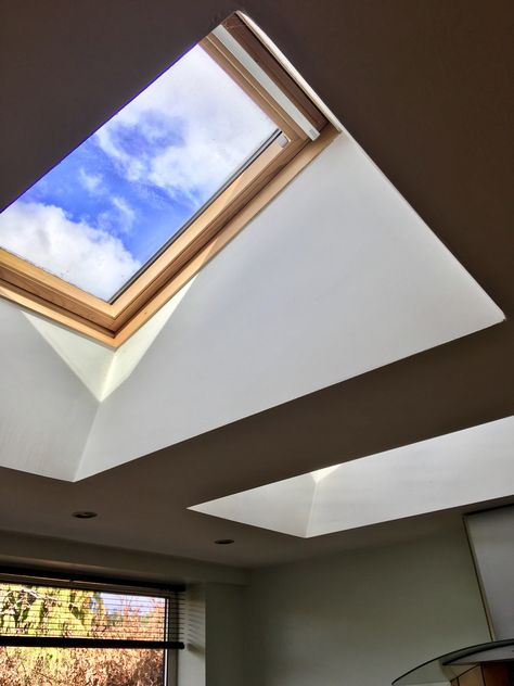 Bedroom Roof Lights, Sky Light Bedrooms, Window In The Roof, Kitchen Velux Windows, Gable Roof Windows, Roof Window Bedroom, Ceiling Window Roof, Sky Light Room Ideas, Velux Roof Windows