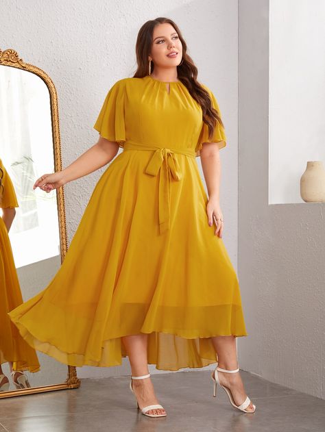 Yellow Casual Collar Short Sleeve Fabric Plain A Line Embellished Non-Stretch Spring/Summer Women Plus Clothing Yellow Plus Size Dresses, Yellow Dress Casual, Pink Blush Maternity Dress, Coachella Dress, Business Formal Dress, Vestidos Plus Size, High Low Maxi Dress, Semi Formal Dress, Keyhole Neck