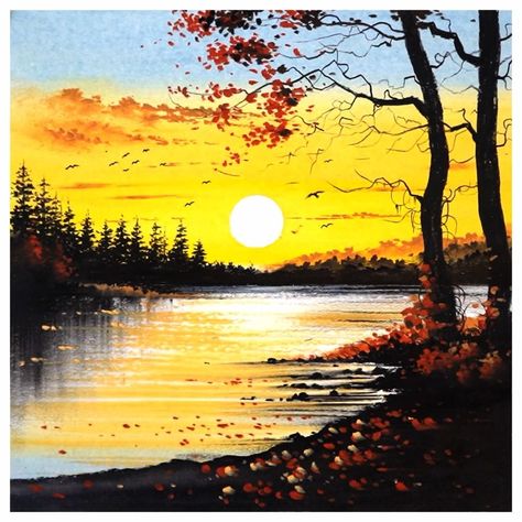 Oil Pastel Drawings Scenery, Morning Scenery Drawing, Sunset Drawing Oil Pastel, Sunset Pastel Drawing, Drawing Of A Sunset, Oil Pastels Drawing, Beautiful Scenery Paintings, Using Oil Pastels, Sunset Landscape Painting
