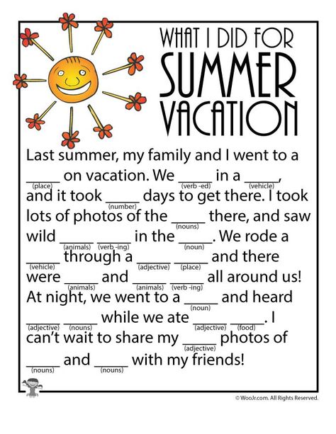 Summer Vacation Printable Mad Lib Printable Mad Libs, Summer Worksheets, School Age Activities, Ad Libs, English Activities For Kids, Vacation Activities, Mad Libs, English Worksheets For Kids, English Lessons For Kids