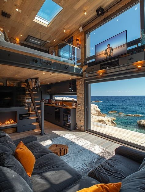 Tiny House Life Beach Bungalow Interior, Trailer Tiny House, Loft Houses, Beach Loft, Small Loft Apartments, Loft Apartments, House Boats, Barn House Design, Futuristic Home