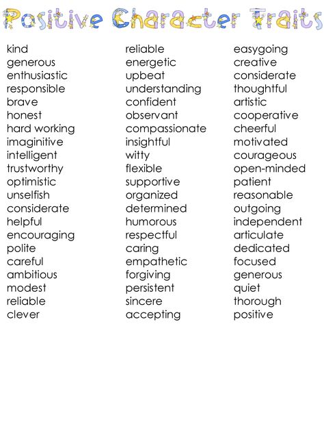 List of positive character traits - for complimenting/appreciating student behavior Positive Qualities List Words, Positive Character Traits List, Positive Qualities List, Character Behavior, Character Traits For Kids, List Of Character Traits, List Of Compliments, Character Traits List, Kindergarten Graduation Ideas