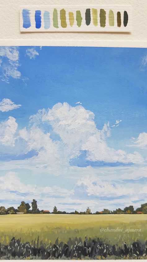 The Sky Drawings, Fluffy Cloud Painting, Sunny Landscape Painting, Sky Drawing Watercolors, Calm Canvas Painting, Sunny Sky Drawing, Sky Painting Gouache, Blue Skies Painting, Bright Sky Painting