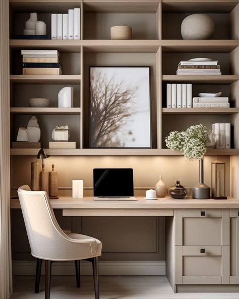 Home Office With Two Entrances, Home Office With Storage Ideas, Home Office Design Ideas For Two, Office Built Ins Small Space, Desk Area In Hallway, Home Office With Wall Shelves, Desk Office Home, Small Home Offices In Bedroom, Living Room With Office Desk