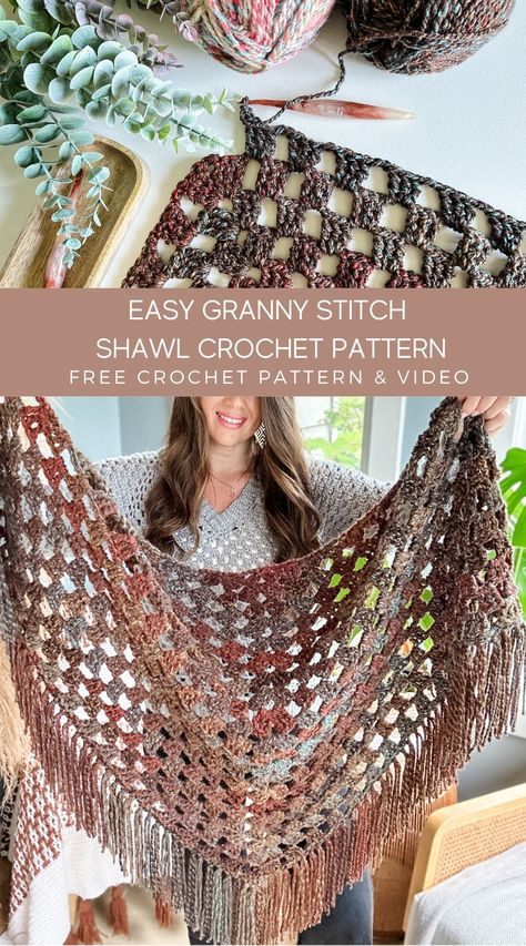 Amigurumi Patterns, Ponchos, Granny Stitch Shawl Free Pattern, Scrap Yarn Shawl, Granny Shawl Crochet Free Pattern, Crochet Granny Cardigan, Shawl Crochet Pattern Free, Easy Crochet Triangle, Crochet Triangle Scarf Pattern