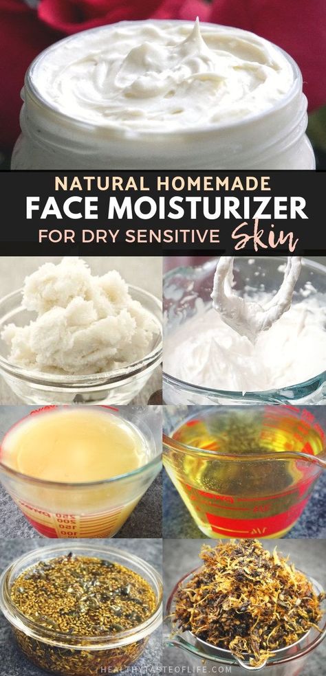 Natural Homemade DIY Face Moisturizer For Sensitive Skin / Dry Skin - it’s an ultra hydrating DIY face moisturizer great for redness, eczema, rosacea and damaged skin during winter. This homemade face moisturizer can be used as a nightly repair cream or a daily moisturizer for the driest skins - all natural organic skin healing ingredients: mango butter, herb infused oil and a blend of essential oils. Mango Butter Face Cream Diy, Dry Skin Diy, Butter Herb, Homemade Face Moisturizer, Diy Face Moisturizer, Natural Face Moisturizer, Moisturizer For Sensitive Skin, Homemade Moisturizer, Skin Care Routine For 20s