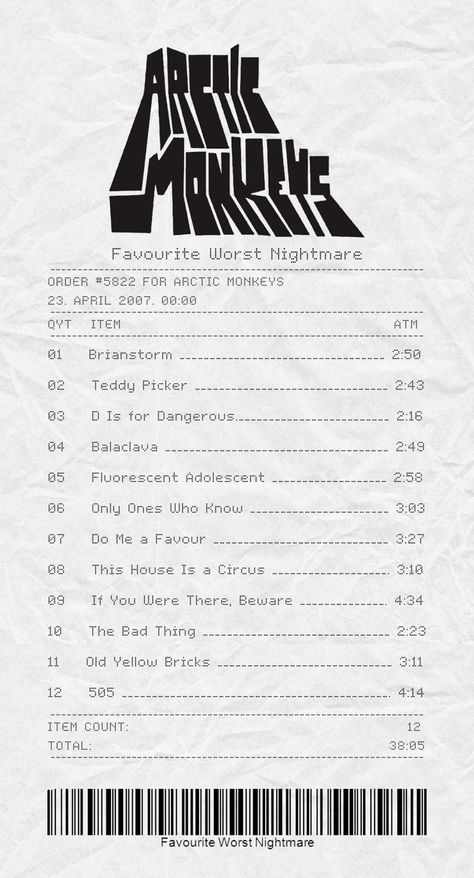 Favourite Worst Nightmare Arctic Monkeys album receipt. Arctic Monkeys Album Cover, Arctic Monkeys Album, Favourite Worst Nightmare, Grape Soda Pin, Album Receipt, Arctic Monkeys Lyrics, Arctic Monkeys Wallpaper, Monkey Wallpaper, Cool Fire