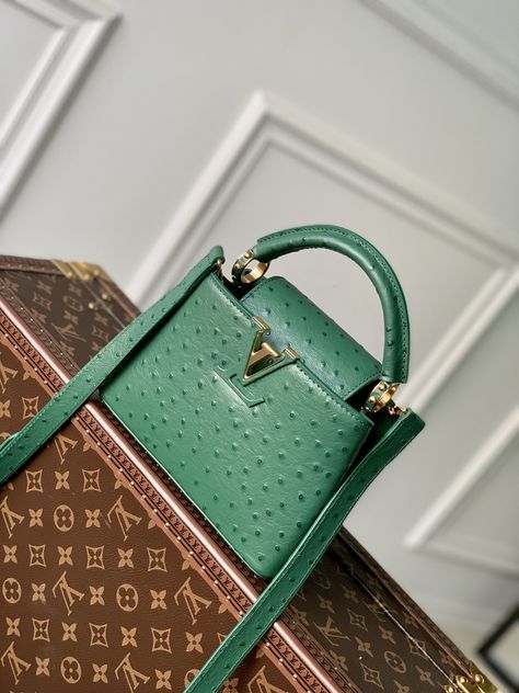 Louis Vuitton LV Capucines Bags Handbags Green Calfskin Cowhide Mini M93483 Louis Vuitton Capucines, Luxury Bag, Metal Accessories, Bag Trends, Mini Handbags, Accessories Unique, Letter Logo, Vuitton Bag, Vuitton Handbags