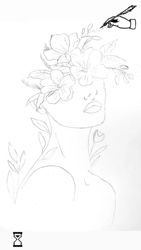 Minimalist girl sketch - WIP | Flower art drawing, Flower drawing, Drawings Flowers On Face Drawing, Flowers Coming Out Of Head Drawing, Head With Flowers Coming Out Drawing, Face With Flowers Drawing, Flowers Growing Out Of Head Tattoo, Flower Person Drawing, Cool Flower Drawings, Earthy Drawings, Female Outline Tattoo