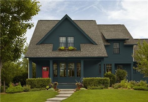 Look at the paint color combination I created with Benjamin Moore. Via @benjamin_moore. Body: Salamander 2050-10; Trim: Salamander 2050-10; Door: Caliente AF-290. Newburg Green Benjamin Moore, Duxbury Gray, Country House Colors, Newburg Green, House With Brown Roof, Exterior Front Door Colors, Best Exterior House Paint, Exterior Door Designs, Best Exterior Paint