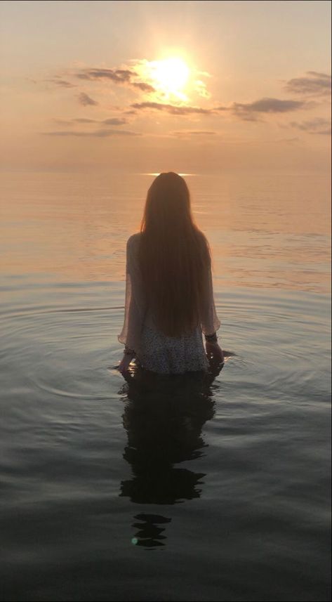 Woman Freedom Photography, Metamorphosis Photoshoot, Woman Coming Out Of Water, Graceful Poses Reference, Person Back View, Hopeful Painting, Standing In Water, Woman On The Beach, Woman On Beach