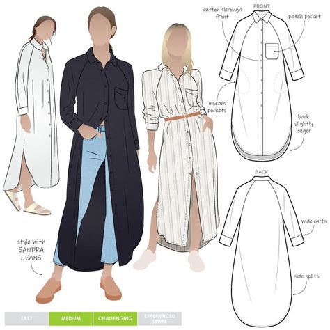 Long Shirt Sewing Pattern, Long Shirt Patterns For Women, Shirt Dress Sewing Pattern For Women, Beginner Dress Pattern, Shirt Dress Sewing Pattern, Dress Sewing Patterns For Women, Basic Dress Pattern, Style Arc, Shirt Dress Pattern