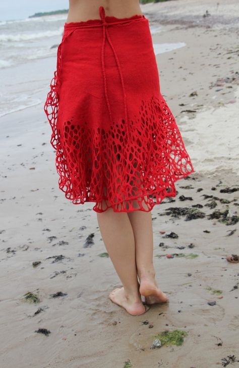 Red felted skirt Red in от doseth на Etsy Felted Clothing, Felt Fashion, Wool Felting, Midi Wrap Skirt, Red Midi, Embroidery Hoops, Wrap Around Skirt, Red Felt, Wool Skirt