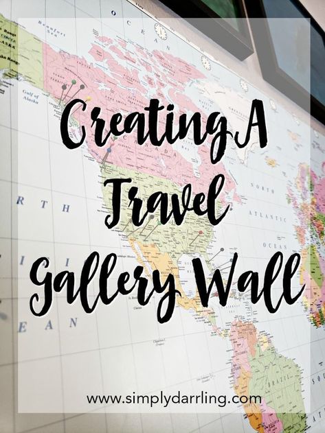 Show off your travel adventures in a gallery wall. This one features a world map and pushpins for marking off the travel locations. A great way to display travel photos in your home decor. Travel Themed Gallery Wall, Travel Stickers Display Ideas, Gallery Wall Travel Photos, Travel Gallery Wall Ideas, Travel Photo Wall Ideas, Travel Picture Wall, Display Travel Photos, Travel Room Decor, Map Gallery Wall