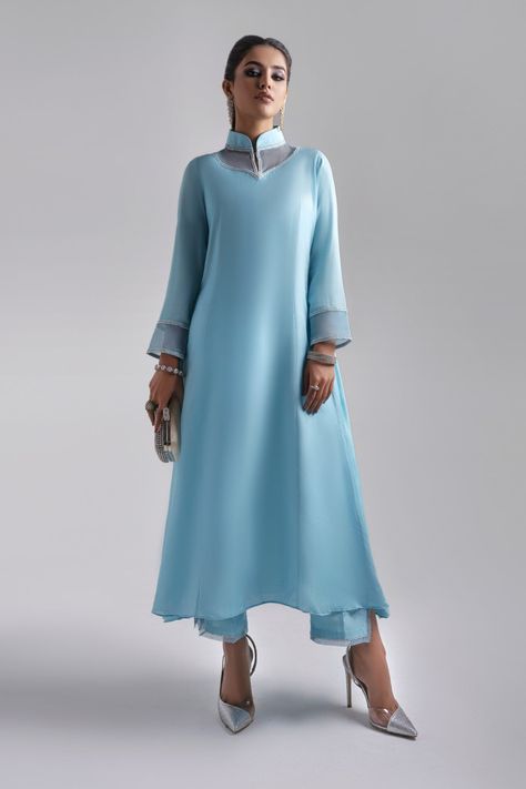 LUXURY PRET – www.zamanay.co Couture, Haute Couture, Organza Neck Design, Blue Indian Dress, Luxury Pret, Love Couture, Silk Shirts, Pakistani Suit, Pakistani Fashion Casual