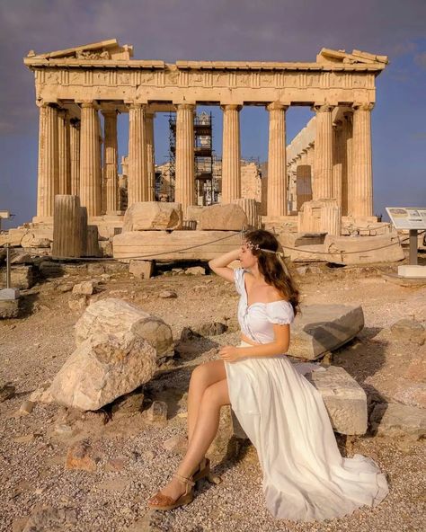 Greek Outfit, Acropolis Greece, Athens Greece Travel, Greek Goddess Dress, Greece Outfits, Athens Travel, Greek Island Hopping, Greek Vacation, Greece Pictures