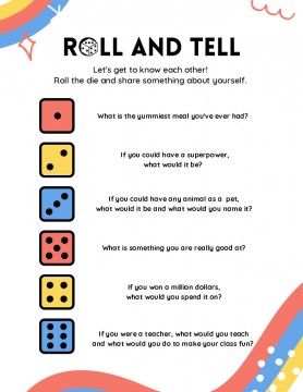 Getting To Know Each Other Activities, Dice Get To Know You Game, Talking Activities For Kids, Getting To Know You Dice Game, Get To Know You Dice Game, Games To Know Each Other, Sel Games For Elementary, Get To Know You Games For Kids, Rec Games