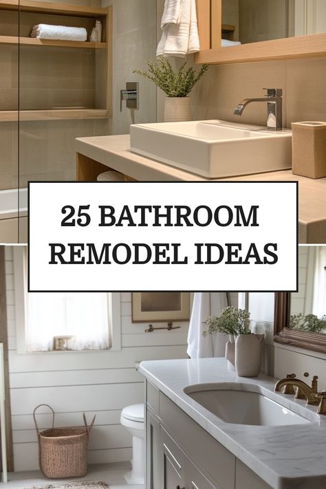 Two modern bathrooms showcasing different remodel ideas with a text overlay reading "25 Bathroom Remodel Ideas". Small Bathroom Update Ideas, Master Bath Remodel On A Budget, Small Bathroom Remodel On A Budget, Bathroom Updates On A Budget, Bathroom Makeovers On A Budget, Small White Bathrooms, Affordable Bathroom Remodel, Small Full Bathroom, Guest Bathroom Renovation