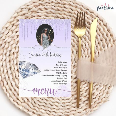 Purple Birthday Diamonds Menu Printable, Photo Table Menus, Ladies 30th 40th 50th Dinner Party, Editable Download Lilac Silver Decor P106 NOTE - THE SILVER HEADER IS NOT EDITABLE ★★ MATCHING ITEMS ★★ To view coordinating items, please take a look here: https://etsy.me/32yJPRi TRY THE FREE DEMO BEFORE YOU BUY! Copy and paste the URL into your browser to demo - https://www.corjl.com/d/19PLJA An elegant sparkling lilac purple silver diamond celebration 4 x 6" menu template for self-editing, downloa Peach Birthday, Birthday Menu, Photo Diy, Dinner Party Menu, Purple Birthday, Silver Decor, Brunch Menu, Menu Card, Party Menu