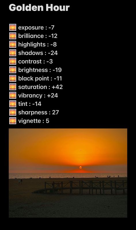 Golden Hour Photo Editing, Iphone Golden Hour Edit, Sunset Pic Editing, Sunset Picture Editing Iphone, Sunrise Iphone Edit, Sunset Picture Settings, Sunset Settings Iphone, Sunset Editing Lightroom, Sunrise Edit Iphone