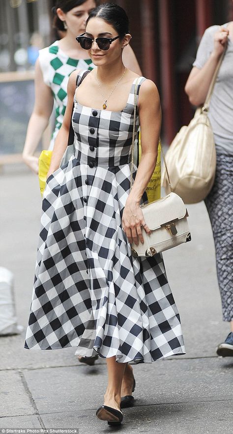 Chequered run: Vanessa Hudgens wore a black and white checked dress as she headed for her ... Checkered Maxi Dress, Black And White Corporate Attire, Checks Dresses For Women, Red Check Dresses For Women, Black & White Dress, Black And White Check Dress Outfit, Black And White Checkered Dress Outfits, Check Frock Designs For Women, Checkered Dress Outfit Summer