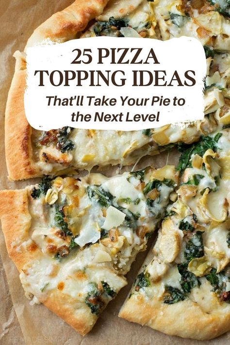 Pepperonis not doing it for you anymore? Step up your pizza game with one of these 25 fantastic topping ideas. We've got you covered from something sweet to something savory - no bland pies here! So get creative and upgrade your dinner tonight. Pie, Unique Pizza Toppings, Pizza Topping Ideas, Flatbread Toppings, Pizza Toppings Combinations, Mediterranean Pizza, White Pizza Recipes, Creative Pizza, Easy Flatbread