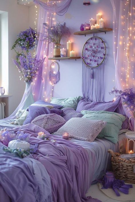 29 Lavender Boho Bedroom Ideas 28 Lavender Boho Bedroom, Dream Bedroom Inspiration, Lavender Bedroom, Bedroom Looks, Lavender Bedding, Whimsical Bedroom, Dreamy Decor, Boho Bedroom Ideas, Soft Lavender