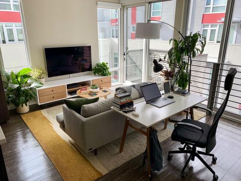 Living room in my first solo apartment - Imgur Living Room Home Office Layout, Clutter Free Living Room Ideas, Living Room Plus Dining Room Ideas, Office Den Combo, Home Office With Sofa Bed, Office Living Room Combo, Living Room Office Combo, Living Room Workspace, Living Pequeños