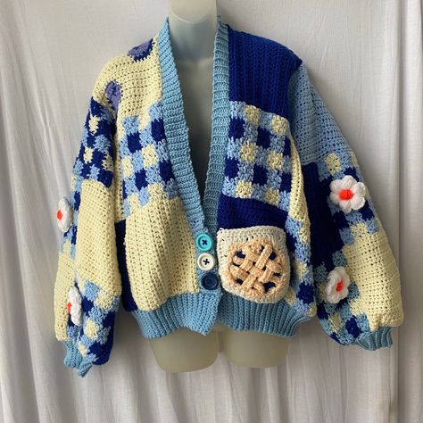 patchwork cardigan, blue and blueberry, food clothes, pie cardigan, fruit patchwork cardigan, by hawtology Crochet Gingham Cardigan, Patchwork Knit Sweater Pattern, Fruit Crochet Cardigan, Fruit Cardigan Crochet, Crochet Fruit Sweater, Artsy Astethic Outfits, Blue Patchwork Cardigan, Cottagecore Crochet Cardigan, Patch Work Crochet Sweater