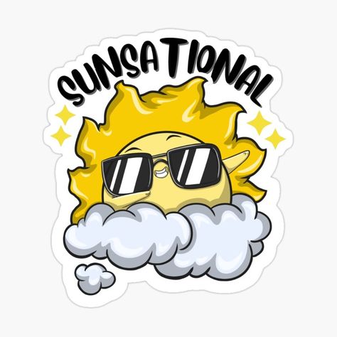 A big golden sun rising above the clouds with a pair of cool black shades in a dabbing posture smiling happily in a dabbing position to celebrate summer time. Sun Puns, Summer Puns, Sun Character, Summertime Quotes, Art Puns, Funny Sun, Kids Jokes, Sun Sticker, Lunchbox Notes