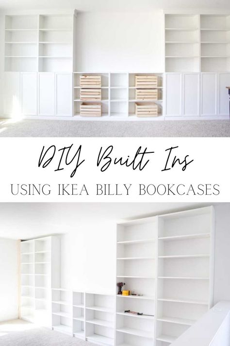 DIY IKEA Bookcase Built In Shelves Libreria Billy Ikea, Diy Built Ins, Diy Built In Shelves, Billy Ikea, Ikea Built In, Ikea Desk Hack, Billy Bookcases, Ikea Bookcase, Built In Shelves Living Room